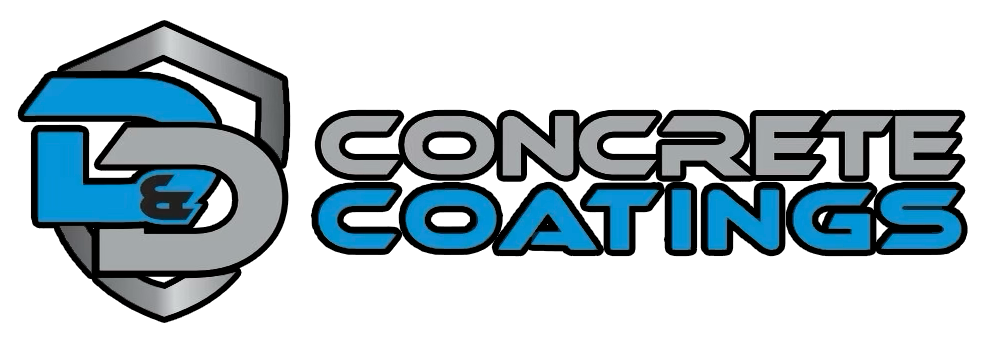 Logo for D&D Concrete Coatings with bold gray and blue text and a shield design in the background.